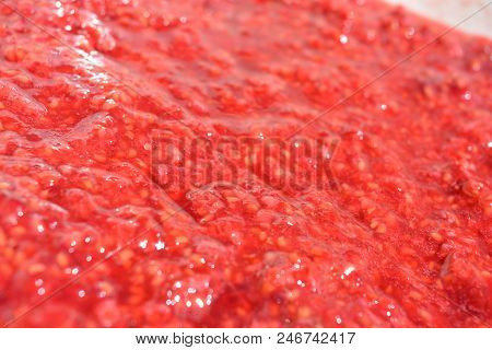 Freshly Ripened With A Fork, Fresh Raspberry, Raspberry Porridge, Fresh Natural Mass From Red Raspbe