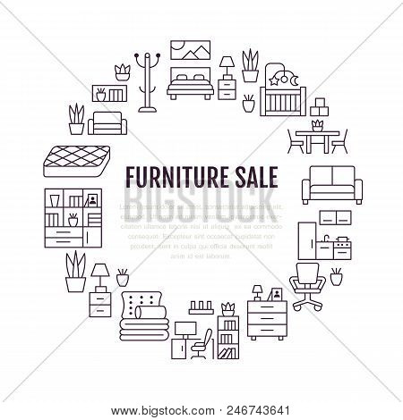 Furniture Sale Banner Illustration With Flat Line Icons. Living Room, Bedroom, Home Office Chair, Ki