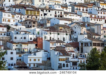 Alcala Del Jucar, Spain - October 29, 2016: Houses And Roofs Next To Mountain Limestone, View To The
