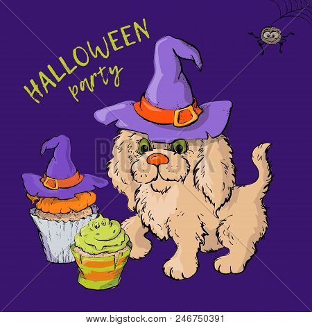 Cartoon Cute Dog Character In A Witch S Hat With A Skull Capkake And A Halloween. Vector Illustratio