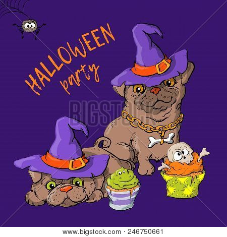 Cartoon Cute Dog Character In A Witch S Hat With A Skull Capkake And A Halloween. Vector Illustratio