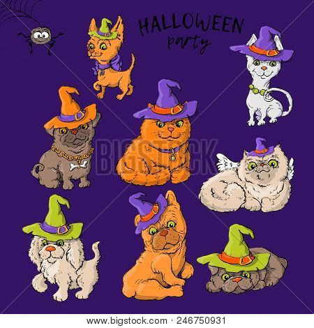 Set Of Cartoon Cute Cartoon Characters Of A Cat And A Dog In Wald Hats In The Halloween Style. Vecto