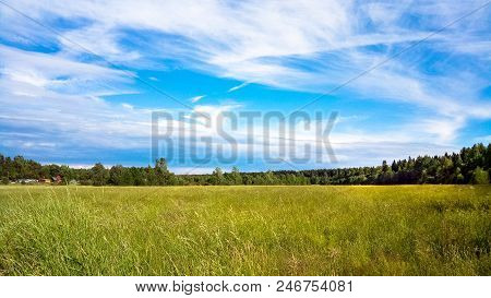 An Undeveloped Field And A Sunny Sky With Clouds. Rural Landscape