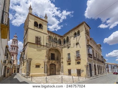 Ecija, Sevilla, Spain, July 2017 :  View At The Palace Of Valdehermoso With Bell Tower Church Of San