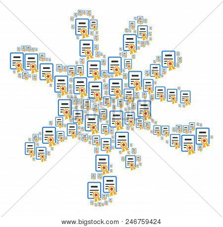 Blot Area Built From Certificate Pictograms In Various Sizes. Abstract Vector Splatter Illustration.