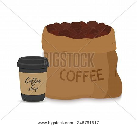 Vector Brown Canvas Coffee Bag With Black Cup, Package For Grains Of Aroma Product And Drink. Made I