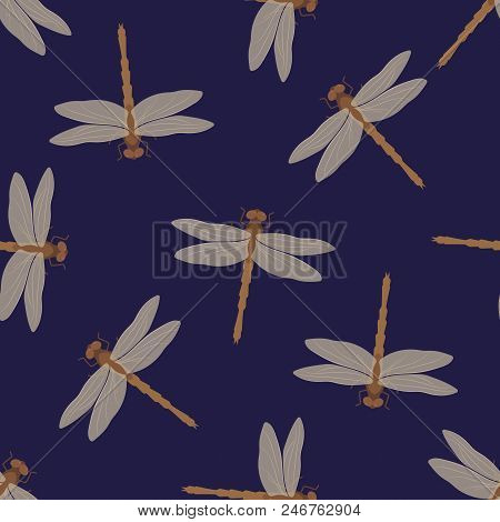 Seamless Pattern Orche Dragonflies On A Dark Blue Background