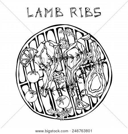 Lamb Ribs Chops With Herbs, Lemon, Tomato, Parsley, Thyme, Pepper. On A Round Grill Bbq. Meat Guide 