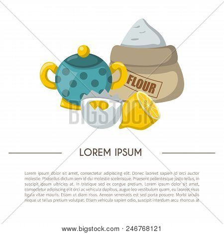 Vector Cartoon Illustration With Baking Ingredients. Cooking Ingredients Icons. Vector Cartoon Kitch