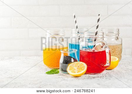 Set Of Different Chia Seed Drink, Tropical Fruit Cocktails,  Fresca, Grey Stone Background Copy Spac