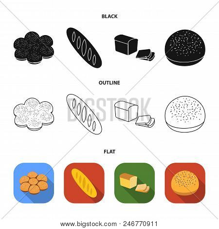 Cut Loaf, Bread Roll With Powder, Half Of Bread, Baking.bread Set Collection Icons In Black, Flat, O