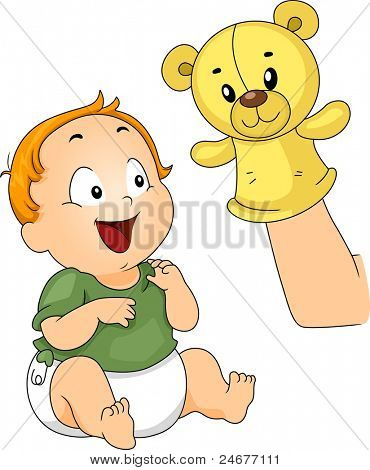 婴儿正在受理与袜子木偶的插图