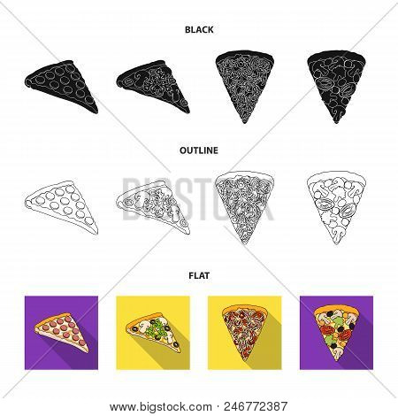 A Slice Of Pizza With Different Ingredients. Different Pizza Set Collection Icons In Black, Flat, Ou