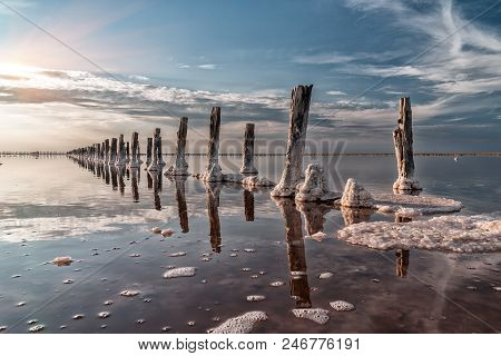 The Salty Lake With Pink Water And The Beach From Salt. Salt Crystals On Wooden Pillars.
