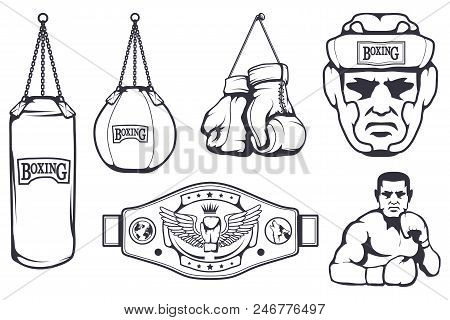 Set Of Different Elements For Box Design - Boxing Gloves, Boxer Man, Boxing Helmet, Boxing Belt. Spo