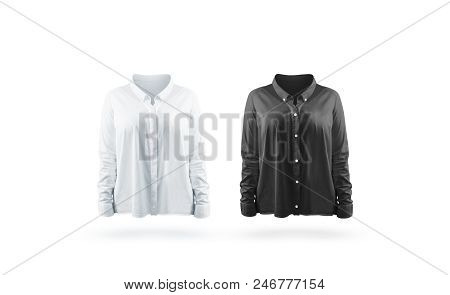 Blank Black And White Woman Shirt Mock Up Set, Isolated. Empty Classic Office Jacket With Long Sleev
