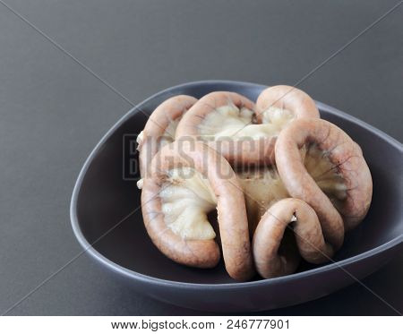 Boiled Chitterlings Internal Organs Of Pig On Gray Background.