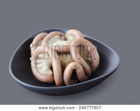 Boiled Chitterlings Internal Organs Of Pig Isolated On Gray Background, Clipping Path.