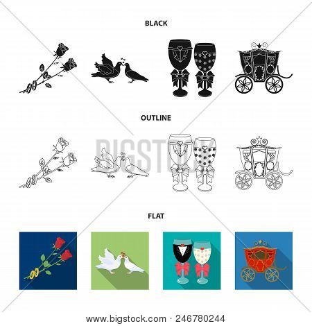 Wedding And Attributes Cartoon , Flat, Outline, Black Icons In Set Collection For Design.newlyweds A