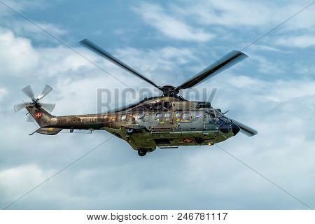 Maribor, Slovenia, June 10 2018 - Aerospatiale Eurocopter As 332 Super Puma Heavy Helicopter The Swi