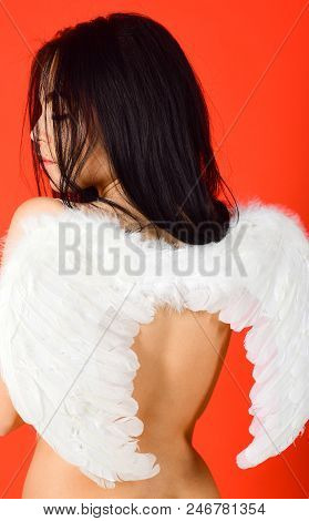 Lady Sexi Dressed As Angel, Red Background, Rear View. Sexy Angel Concept. Girl Naked, Tender And Pu