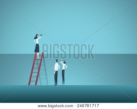 Business Leader And Visionary Vector Concept. Business Woman Standing On Top Of Ladder As Leader Of 