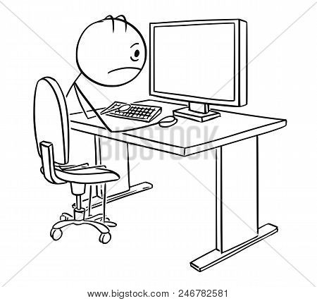 Cartoon Stick Drawing Conceptual Illustration Of Tired, Stressed Or Unhappy Man Or Businessman Worki