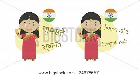 Vector Illustration Of Cartoon Characters Saying Hello And Welcome In Hindi And Its Transliteration 