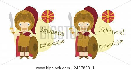 Vector Illustration Of Cartoon Characters Saying Hello And Welcome In Macedonian And Its Translitera