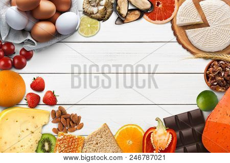 Food Allergy Collage. Set Of Allergic Products, Cheese, Honey, Citrus Fruits, Eggs, Chocolate, Berri