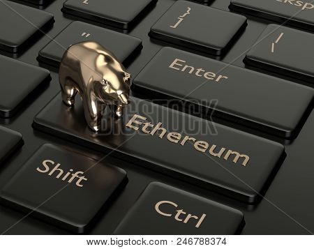 3d Render Of Computer Keyboard With Ethereum Button And Bear. Cryptocurrencies Concept.