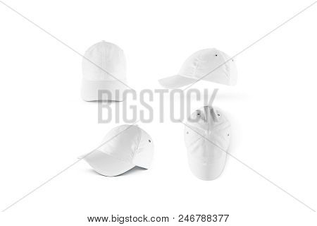 Blank White Baseball Cap Mock Ups Set, Isolated. Empty Sports Hat Mockup. Clear Snapback Front, Side