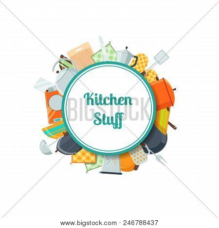 Vector Kitchen Utensils Flat Icons Under Circle With Place For Text Illustration