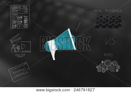 Social Media Brand Ambassadors Conceptual Illustration: Influencer Megaphone Between Digital Content