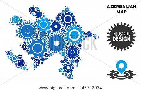 Industrial Azerbaijan Map Composition Of Gears. Abstract Geographic Plan In Blue Color Tones. Vector
