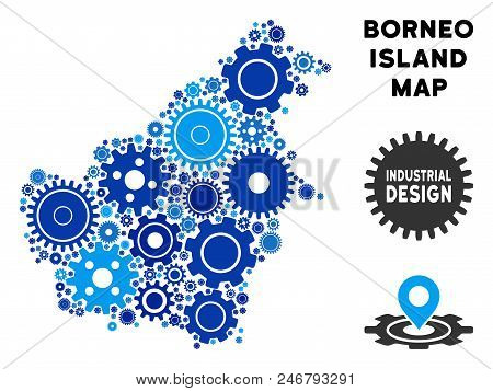 Repair Service Borneo Island Map Composition Of Gears. Abstract Territorial Scheme In Blue Color Tin