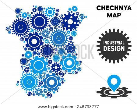 Repair Service Chechnya Map Collage Of Gears. Abstract Geographic Plan In Blue Color Hues. Vector Ch