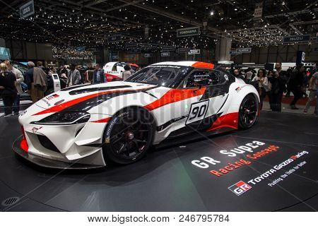 GENEVA, SWITZERLAND - MARCH 17, 2018: Toyota GR Supra raccing car showcased at the 88th Geneva International Motor Show.