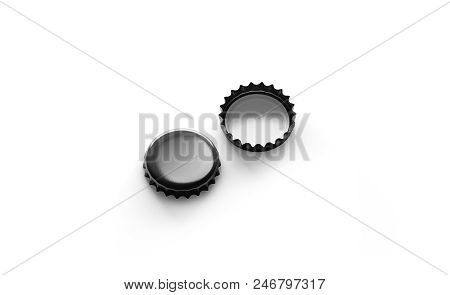 Blank Black Beer Lid Mockup, Side View, Front And Back Side, 3d Rendering. Empty Metal Soda Cap Mock