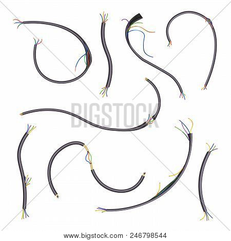 Broken Wires That Conduct Electricity Isolated With Rubber Cover. Pieces Of Conductors With Bare End