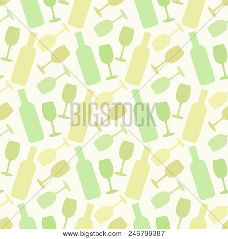 White Wine Flat Seamless Pattern, Wine Glass And Bottle On The Dark Background, Vector Illustration