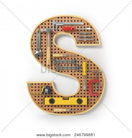 Letter S. Alphabet from the tools on the metal pegboard isolated on white.  3d illustration
