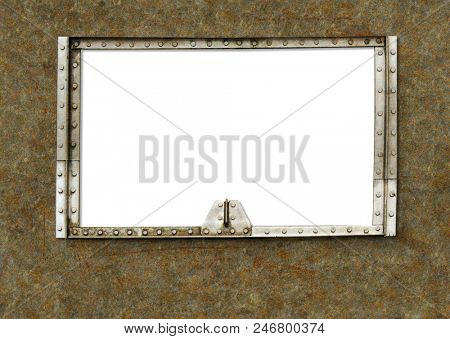 Grunge background in steampunk style. Texture of rusty old metal and frame with rivets. Mock up tempalte. Copy space for your text