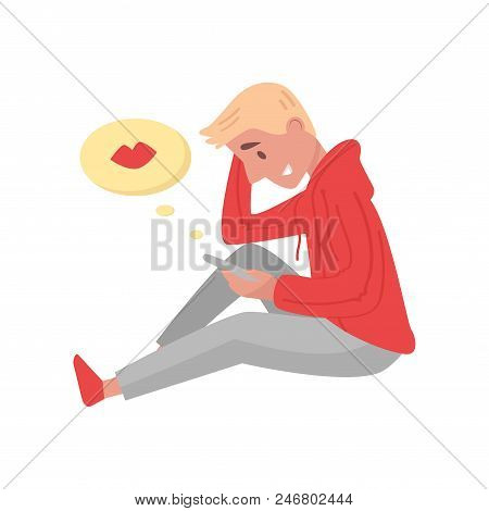 Illustration Of Young Blond Guy Sitting With Mobile Phone In Hand. Teenager Boy Reading Love Message