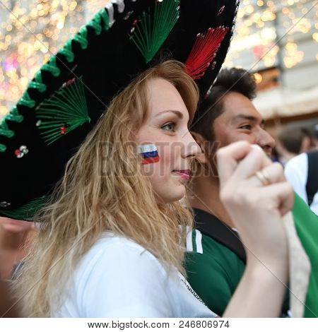 Moscow, Russia - June 23, 2018: Football Fan From Different Countries On The Streets Of Moscow. Socc