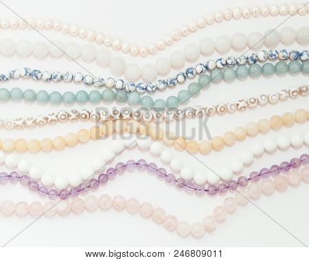 Set Of Threads Different Semiprecious Gemstones Beads In Light Pastel Colors, Pink Quartz, White Aga