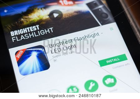 Ryazan, Russia - June 24, 2018: Brightest Flashlight - Led Light Mobile App On The Display Of Tablet