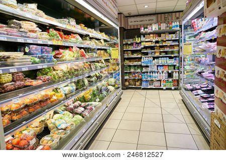 MILAN, ITALY - CIRCA NOVEMBER, 2017: food products for sale in Carrefour Express store in Milan.