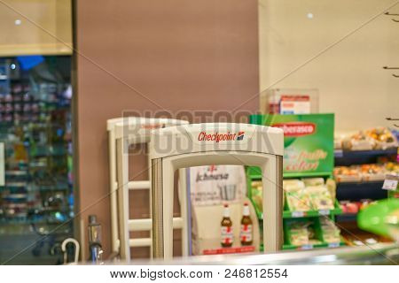 MILAN, ITALY - CIRCA NOVEMBER, 2017: Checkpoint Systems RFID solution at Carrefour Express store in Milan.