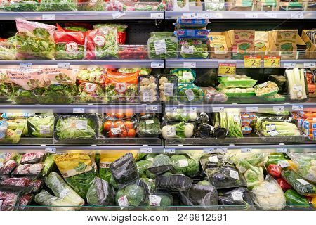 MILAN, ITALY - CIRCA NOVEMBER, 2017: food products for sale in Carrefour Express store in Milan.